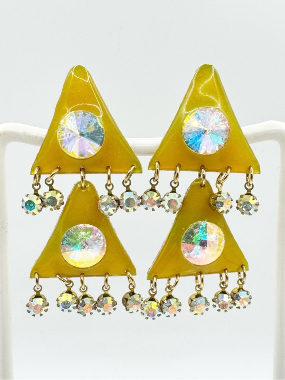 80s Vintage Yellow Resin Triangle Drop Earrings with Holographic AB Crystals